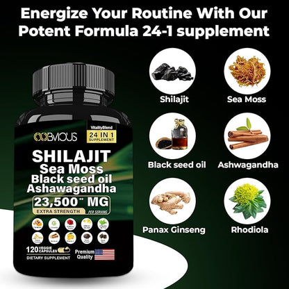 24-in-1 Himalayan Shilajit W/Ashwagandha, Black Seed Oil, Rhodiola Rosea, Panax Ginseng, Sea Moss, Ginkgo Biloba, Stinging Nettle, Turmeric, Cordyceps Mushroom — 120 Capsules, 60-Day Supply
