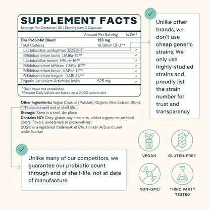 Ora Organic Probiotics with Prebiotics for Digestive Health 16 Billion CFU - Trust Your Gut - Strains - Acidophilus Lactobacillus Breve Bifidum Lactis