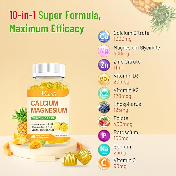 Calcium Magnesium Zinc Gummies with Vitamin D3 and K2, High Absorption Magnesium Glycinate Potassium for Immune and Calm Mood, Vegan Mango and Pineapple Flavor 60 Gummies