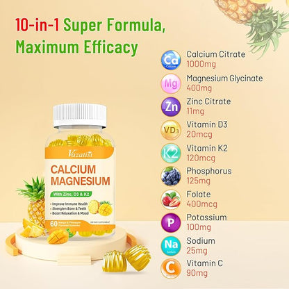 Calcium Magnesium Zinc Gummies with Vitamin D3 and K2, High Absorption Magnesium Glycinate Potassium for Immune and Calm Mood, Vegan Mango and Pineapple Flavor 60 Gummies