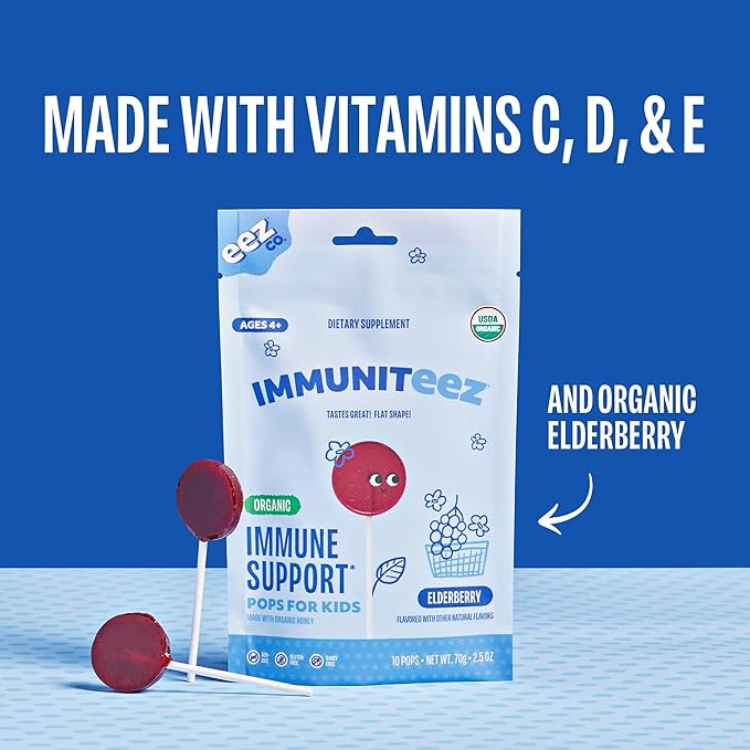 Immuniteez Organic Elderberry Lollipops for Kids - Immune Support with Vitamin C, D, E, Zinc and Organic Honey - Gluten Free Kids Vitamins - 10 Count Bag