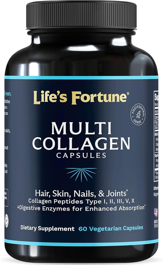 Multi Collagen Peptides Powder Drink Plus, for Women & Men - Type I, II, III, V, X, Blend with Digestive Enzyme – for Skin, Hair, Nails, Joints Health, Unflavored, 60 Cap