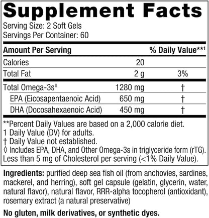 Nordic Naturals Ultimate Omega, Lemon Flavor - 120 Soft Gels - 1280 mg Omega-3 - High-Potency Fish Oil Supplement with EPA & DHA - Promotes Brain & Heart Health - Non-GMO - 60 Servings
