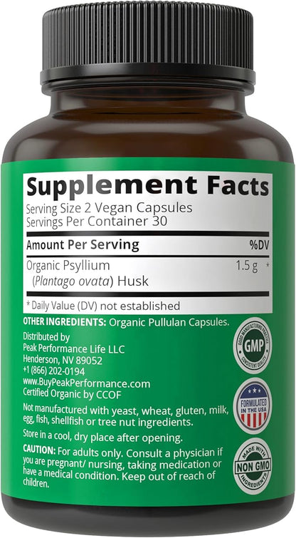USDA Organic Psyllium Husk Vegan Capsules Made with Organic Psyllium Husk Seed. Fiber Supplement for Gut. Digestive Prebiotics. Pills for Digestion, Roughage Without Bloating. Tablets