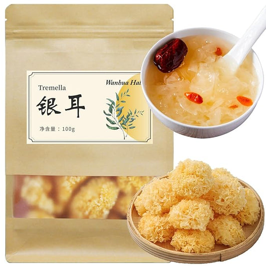 Wanhua Hall Dried White Snow Fungus Mushroom Whole White Wood Ear Mushroom for Cooking Tremella Fuciformis Mushroom 3.5oz/100g All Natural Vegan,Gluten-Free,No Additive 银耳 椴耳 雪耳 去根椴木小银耳