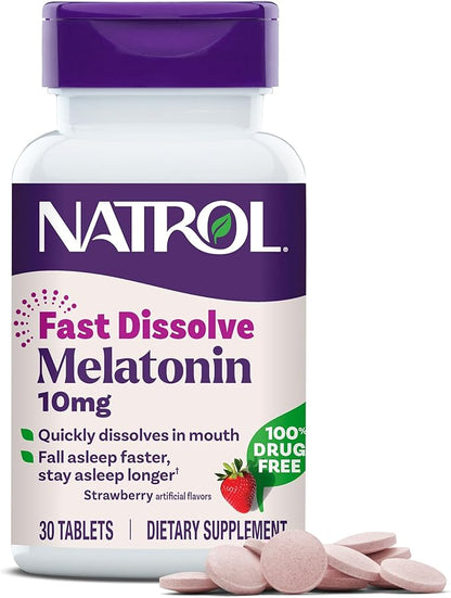 Natrol Fast Dissolve Melatonin 10 mg, Melatonin Supplements for Restful Sleep, Sleep Support for Adults, 30 Strawberry-Flavored Tablets, Up to a 30 Day Supply