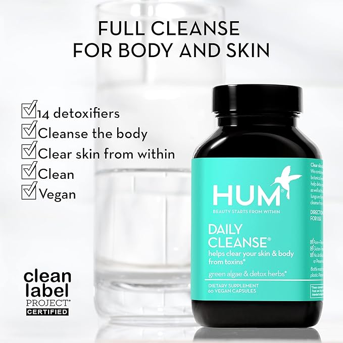 HUM Daily Cleanse Acne Supplement - Gut Cleanse Detox for Clear Skin with Organic Algae, Detoxifying Herbs, Zinc & Spirulina | Clear Skin Supplement (60 Capsules)