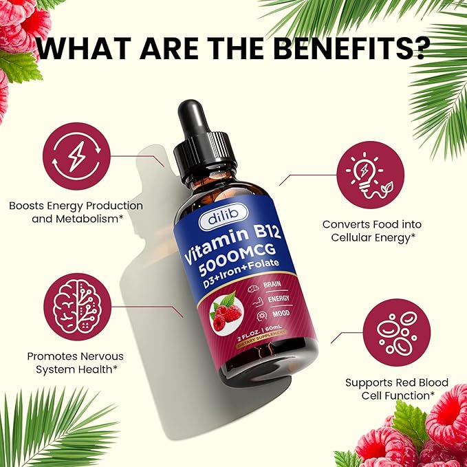 Vitamin B12 Complex 5000 mcg | Vegan B12 Liquid Drops Sublingual Supplement | Methylcobalamin w/ Folate, Folate, Vitamin B6, C, D3 for Long-Lasting Energy and Healthy Metabolism, Raspberry Flavor