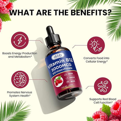 Vitamin B12 Complex 5000 mcg | Vegan B12 Liquid Drops Sublingual Supplement | Methylcobalamin w/ Folate, Folate, Vitamin B6, C, D3 for Long-Lasting Energy and Healthy Metabolism, Raspberry Flavor