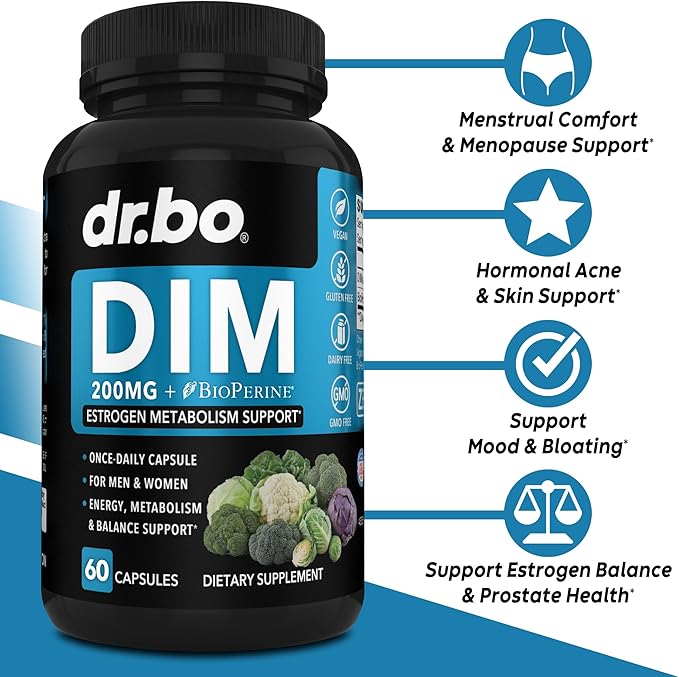 DIM Supplement for Women & Men 200mg - Androgen Estrogen Blocker for Men & Women, Hormonal Acne Pills, Hormone Balance, Menopause Support, Diindolylmethane DIM Supplement Plus BioPerine - 60 Capsules