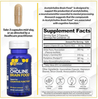 Acetylcholine Brain Food - Acetyl L-Carnitine & Alpha GPC Supplement - Supports Production of Acetylcholine - Neurotransmitter Supplement for Cognitive Function - 120 Capsules