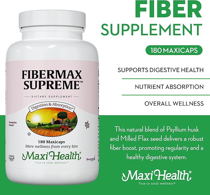 Maxi Health Maxi Fiber Kosher Daily Supplement 1500 mg Fiber Capsules with Psyllium Husk, Dietary Pills for Adults Capsules 180 Count (Pack of 1)