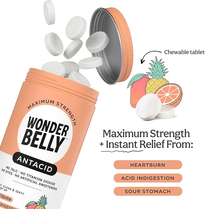 Wonderbelly Antacid, Effective Heartburn and Instant Acid Indigestion Relief, Extra Strength Chewable Tablets, 1000 mg Calcium Carbonate, No Talc or Dye, Tropical Fruit, 120 Count