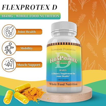 Flexprotex D 884mg Joint Muscle Support Herbal Blend Turmeric Chondroitin Glucosamine Boswellia Hyaluronic Acid Ashwagandha 3 btls 360 Capsules