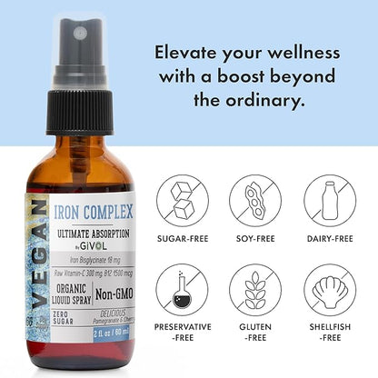 Iron Supplement - 18mg Bisglycinate Complex with Vitamin C & B12 for Energy & Immunity Boost, Vegan Liquid Spray, Optimal Absorption - Non-GMO, Sugar-Free, (60 ml) 60 Days Supply