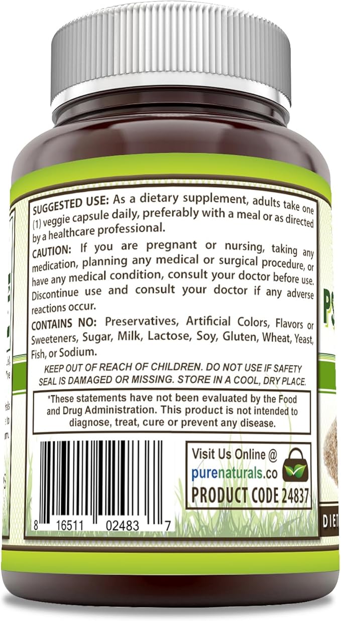 Pure Naturals Psyllium Husk Supplement | 750 Mg Per Serving | Veggie Capsules | Non-GMO | Gluten-Free | Made in USA (120 Count)