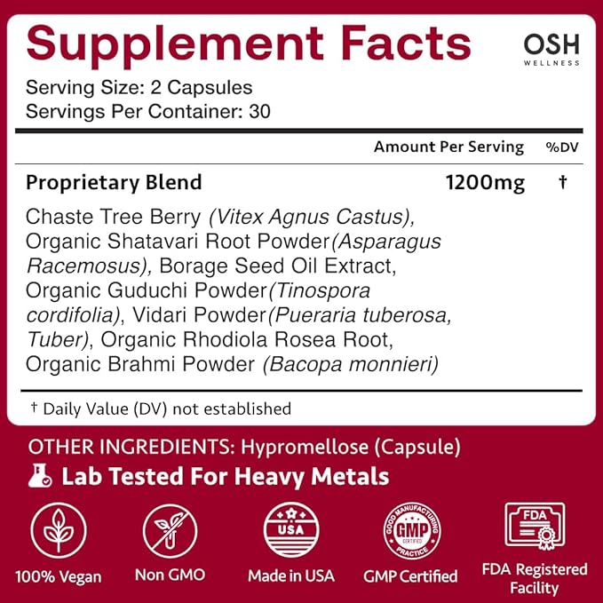 Holistic PMS & Symptom Relief for Women | Ayurvedic Menstrual Cycle Regulator | Made in USA | Eases Hormonal Cramps, Bloating & Acne | Vitex, Bacopa, Shatavari, Borage Oil & Brahmi– OSH Wellness