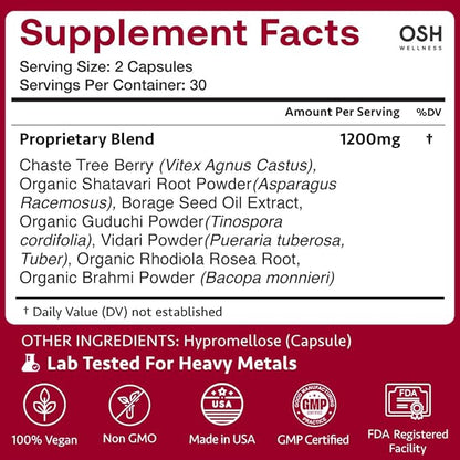 Holistic PMS & Symptom Relief for Women | Ayurvedic Menstrual Cycle Regulator | Made in USA | Eases Hormonal Cramps, Bloating & Acne | Vitex, Bacopa, Shatavari, Borage Oil & Brahmi– OSH Wellness