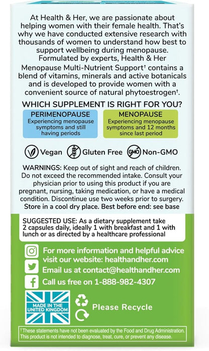 Health & Her Menopause Supplements for Women - Multi-Nutrient Support, Menopause Vitamins for Energy, Bones, Muscles, Skin & Hair, Vegan, Gluten-Free, Non GMO (60ct - 1 Month)