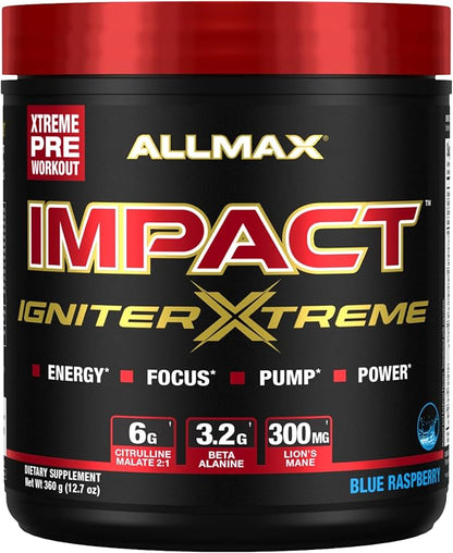 ALLMAX Nutrition - Impact Igniter Extreme Pre Workout Powder - with Citrulline Malate, Beta - Alanine, Caffeine, Taurine, and, Betaine anhydrous (Blue Raspberry)