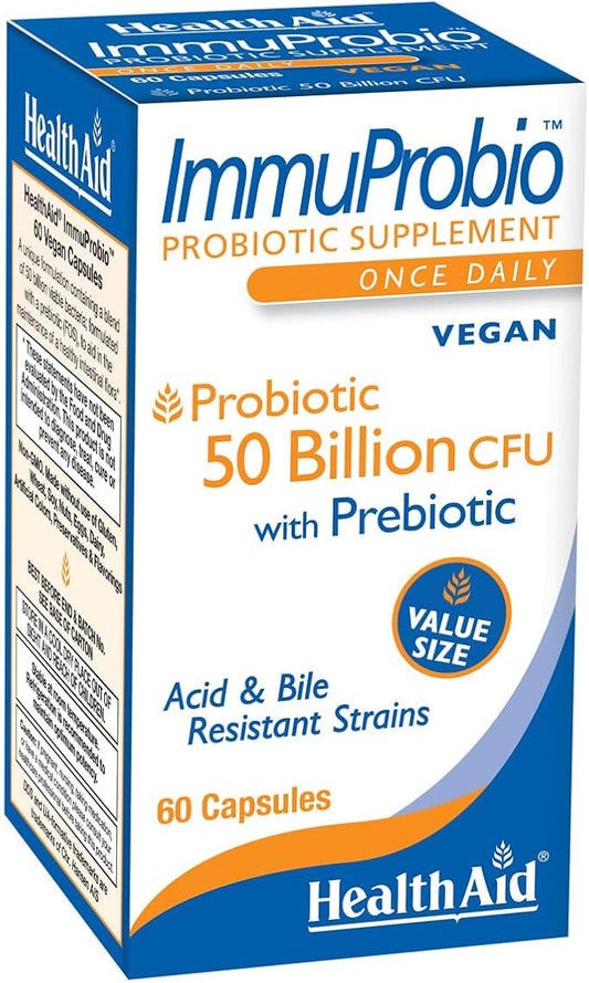 ImmuProbio 60 Caps - 50 Billion CFU with Prebiotic, Once Daily, Acid & Bile Resistant Strains, Dairy Free, Gluten Free, Vegan