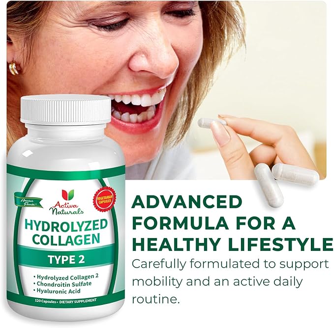 Collagen Type 2 Hydrolyzed Supplement with Chondroitin and Hyaluronic, for Healthy Hair, Skin, Nails, and Joints, No Fillers, Additives, and No Artificial Colors - 120 Vegetarian Capsules