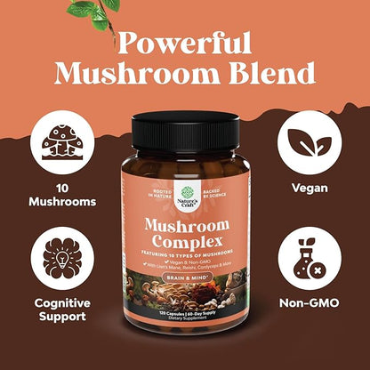 Advanced Mushroom Complex Capsules - 10X Lions Mane Supplement Capsules with Reishi, Chaga , Maitake & Shiitake for Brain Health, Memory Support & Focus - Nootropic for Mental Clarity - 120 Caps