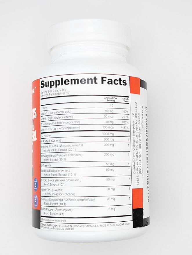Clean Nutraceuticals L Tyrosine Mucuna Pruriens Bacopa Monnieri Ashwagandha Focus Supplement w/N-Acetyl Cysteine NAC 5-HTP Ginkgo Biloba Alpha GPC Vitamin C D B1 B12