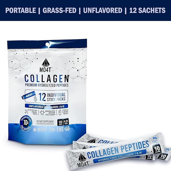 Hydrolyzed Collagen Peptides - Collagen Travel Packets - Grass-Fed- Unflavored,-Portable Collagen Powder for Joints, Hair, Skin & Nails -12 Sachets - Collagen Stick Packs