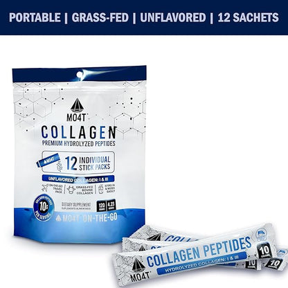 Hydrolyzed Collagen Peptides - Collagen Travel Packets - Grass-Fed- Unflavored,-Portable Collagen Powder for Joints, Hair, Skin & Nails -12 Sachets - Collagen Stick Packs