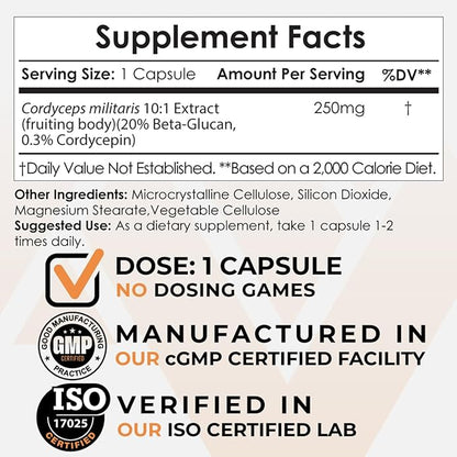 Nootropics Depot Cordyceps Mushroom Capsules |10:1 Whole Fruiting Body Extract | 250mg | 180 Count | Cordyceps militaris