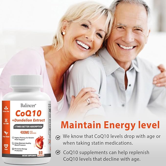 CoQ10 400mg 3 Times Absorption Coenzyme Q10 Powerful-Antioxidant Supplement with Organic Dandelion Root & Black Pepper, Support Heart Health & Energy Production, 60 Veggie Capsules
