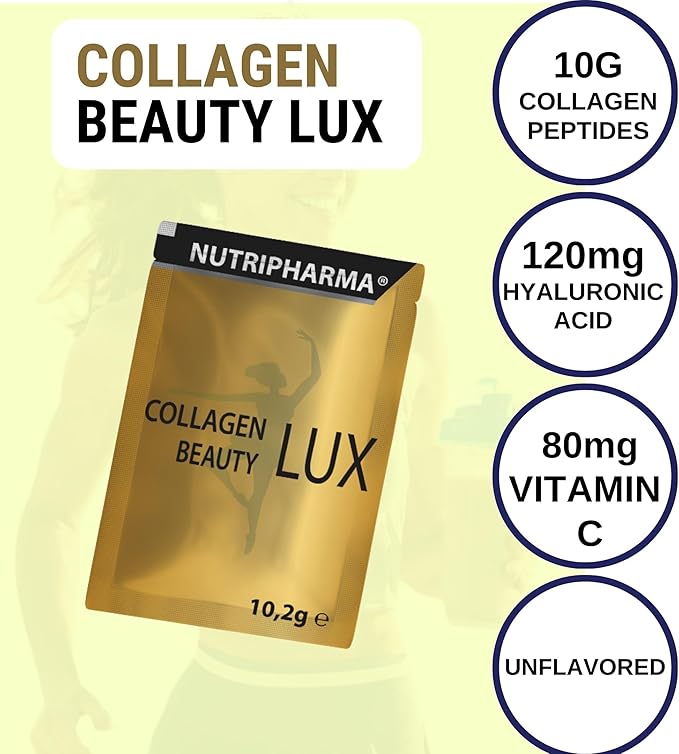 Collagen Beauty Lux, Hydrolyzed Collagen Peptides Powder for Women & Men, Promotes Hair, Nail, Skin,Unflavored Collagen Powder with Hyaluronic Acid and Vitamin C, 1 Serving, 0,36 oz