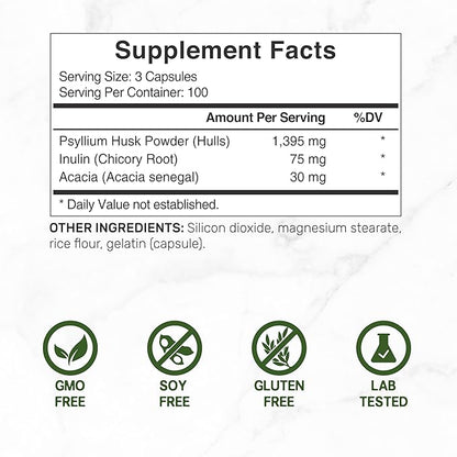 Psyllium Husk 1500mg Per Serving, 300 Capsules – 3 in 1 Fiber Supplement with Inulin & Acacia Complex – Natural Soluble Fiber, Supports Digestive Health – Plant Based, Non-GMO