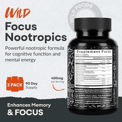 Wild Focus Brain Supplements | Caffeine-Free, Plant-Based Botanicals | Lions Mane, Ginkgo Biloba, Bacopa Monnieri, Lemon Balm | 100% Natural Nootropic | 60 caps