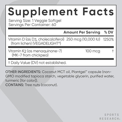 Sports Research® Vegan D3 10,000iu with Vitamin K2 100mg - Formulated with Coconut MCT Oil - Vegan Certified, Soy & Gluten Free - 60 Softgels