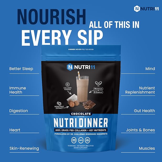 NutriDinner by Nutrillermo | Grass-Fed Collagen Protein Powder | Magnesium, B-Vitamins & Monk Fruit | Sleep, Recovery, and Wellness Supplement |