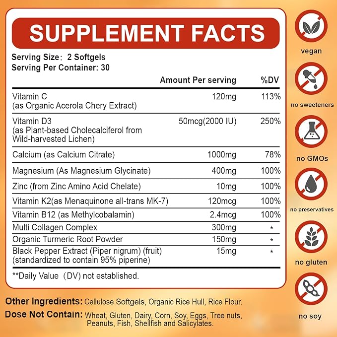 Calcium Magnesium Zinc Supplement with Vitamin C D3 B12 K2, 1000mg Calcium, 400mg Magnesium for Immune Energy Support, Bone Health and Muscle Function Softgels, 240 Count