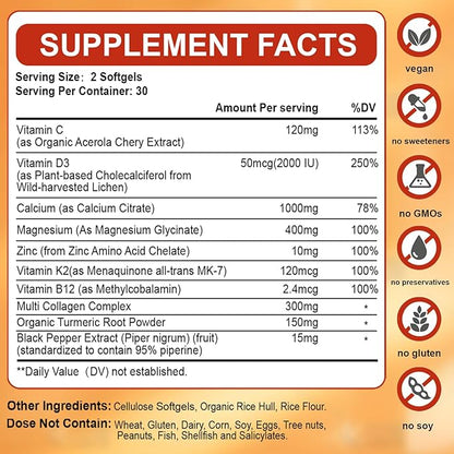 Calcium Magnesium Zinc Supplement with Vitamin C D3 B12 K2, 1000mg Calcium, 400mg Magnesium for Immune Energy Support, Bone Health and Muscle Function Softgels, 240 Count
