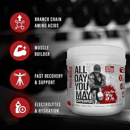 5% Nutrition Rich Piana AllDayYouMay Caffeinated BCAA Energy Powder | Premium Pre Workout Amino Energy & Electrolytes | Hydration, Endurance & Recovery | 16.08 oz, 25 Servings (Fruit Punch)