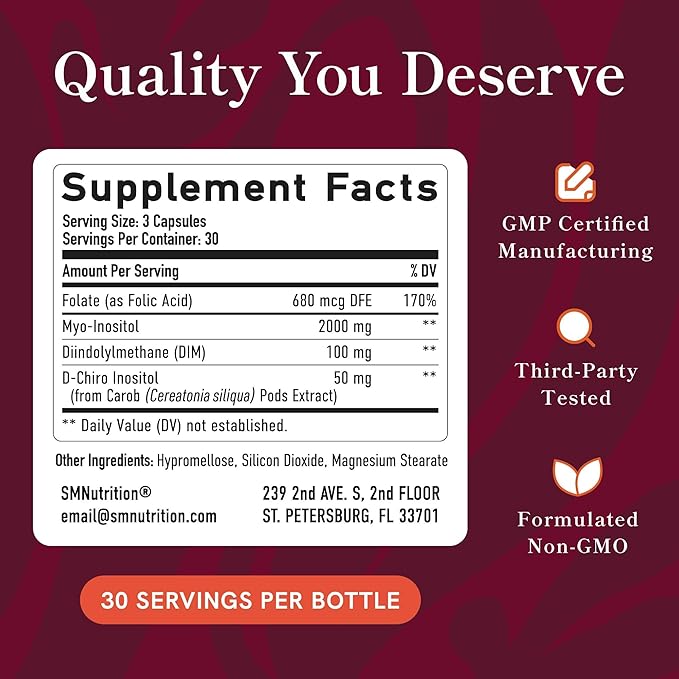 Ovarian Support for Hormone Balance for Women | Healthy Ovulation, Menstrual Cycle & Reproductive Health Support | DIM Supplement with Myo-Inositol & D-Chiro Inositol & Folate Complex | 30 Day Supply
