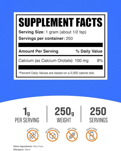 BulkSupplements.com Calcium Orotate Powder - Calcium Orotate Supplement, High Bioavailability - Unflavored & Gluten Free, 1g per Serving, 250g (8.8 oz) (Pack of 1)