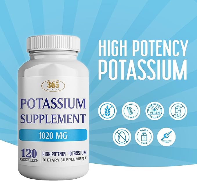 365 Health Potassium Supplement 1020 mg | Potassium Bicarbonate | Non-GMO | Gluten Free | Made in USA | 120 Vegetarian Capsules