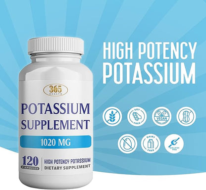 365 Health Potassium Supplement 1020 mg | Potassium Bicarbonate | Non-GMO | Gluten Free | Made in USA | 120 Vegetarian Capsules