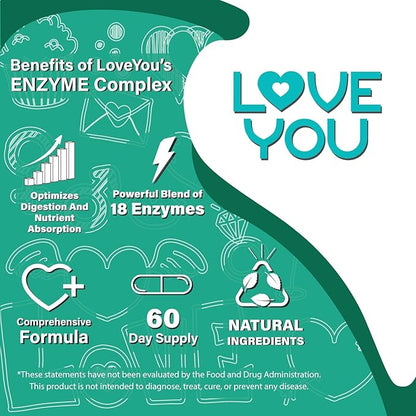 Love You 18 Enzyme Complex – Plant-Based Digestive Enzymes for Women & Men | Supports Nutrient Absorption & Digestive Comfort | 60 Vegan Capsules Made in USA