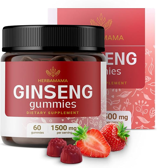 HERBAMAMA Panax Ginseng Gummies - 1500mg Korean Red Ginseng Root for Energy Support - Vegan, Non-GMO Red Panax Immune Support Supplement - 60 Pectin-Based Strawberry-Flavored Chews