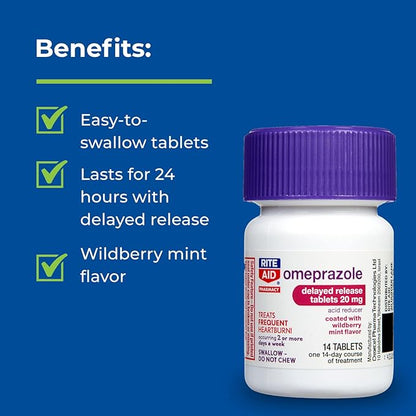 Rite Aid Acid Reducer Omeprazole Delayed Release Tablets - 20 mg, 3 Bottles, 14 Count Each (42 Count Total), Wildberry Mint Flavor, Heartburn Relief, Heartburn Medicine, Treats Frequent Heartburn