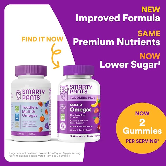 SmartyPants Toddler Multivitamin Gummies: Omega 3 Fish Oil (EPA/DHA), Vitamin D3, C, Vitamin B12, B6, A, K & Zinc, Biotin, Beta Carotene, Gluten Free, Three Fruit Flavors, 90 Count (30 Day Supply)