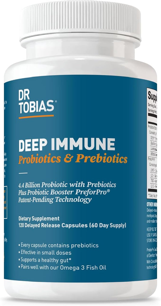Dr. Tobias Deep Immune Probiotics & Prebiotics, Dual Action Digestion & Immune Support with PreforPro Prebiotics & Delayed Release Spore Forming Probiotics for Women & Men, 120 Capsules, 60 Servings