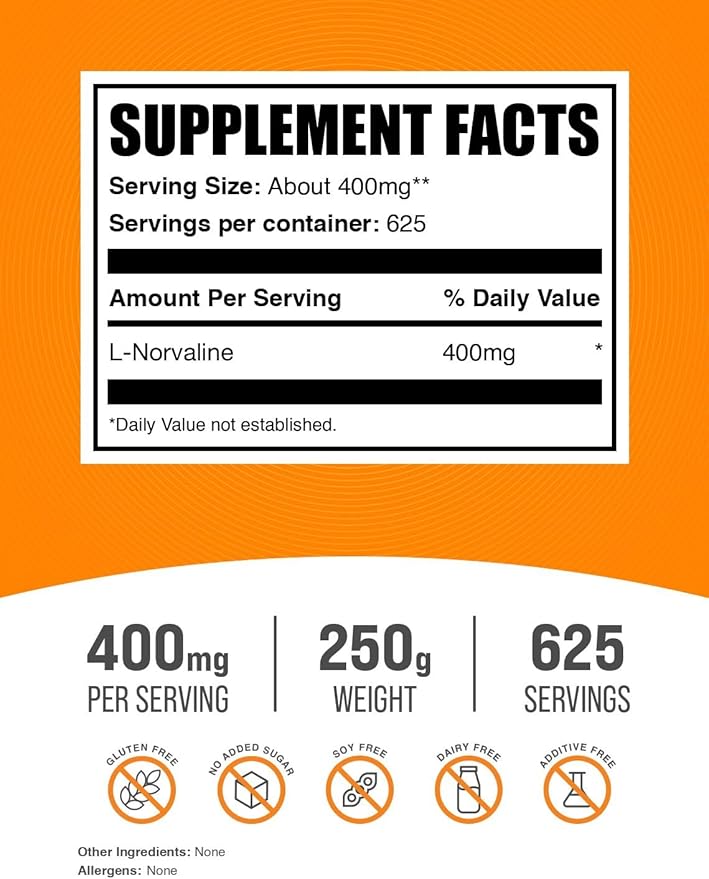 BulkSupplements.com L-Norvaline Powder - L-Norvaline Supplement, Nitric Oxide Supplement - Amino Acid Supplement, Gluten Free, 400mg per Serving, 250g (8.8 oz) (Pack of 1)